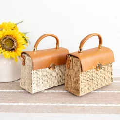 Elena Handbags Straw Woven Box Bag with Leather Flap and Trims