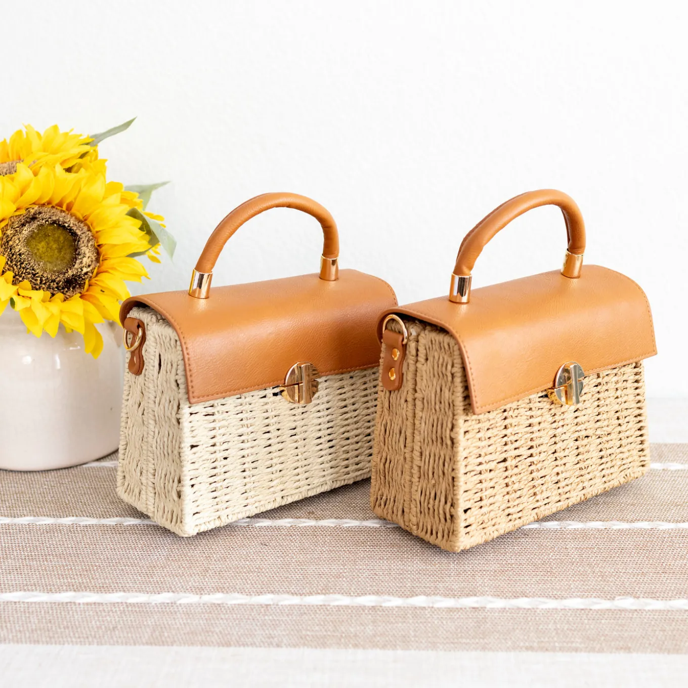 Elena Handbags Straw Woven Box Bag with Leather Flap and Trims