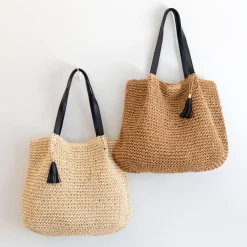 Elena Handbags Straw Woven Tote with Leather Straps and Tassel