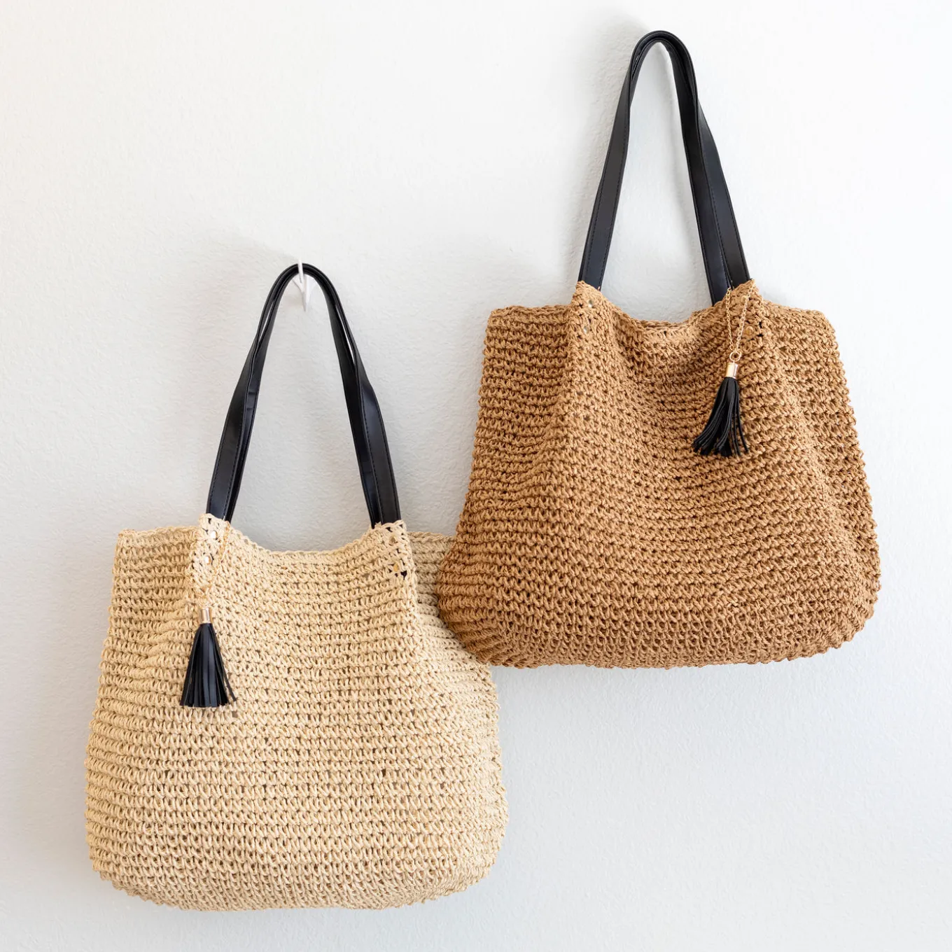 Elena Handbags Straw Woven Tote with Leather Straps and Tassel