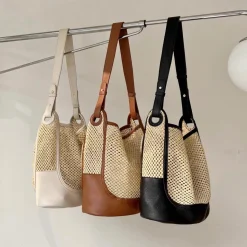 Elena Handbags Straw Woven Work Shoulder Bag with Leather Accent