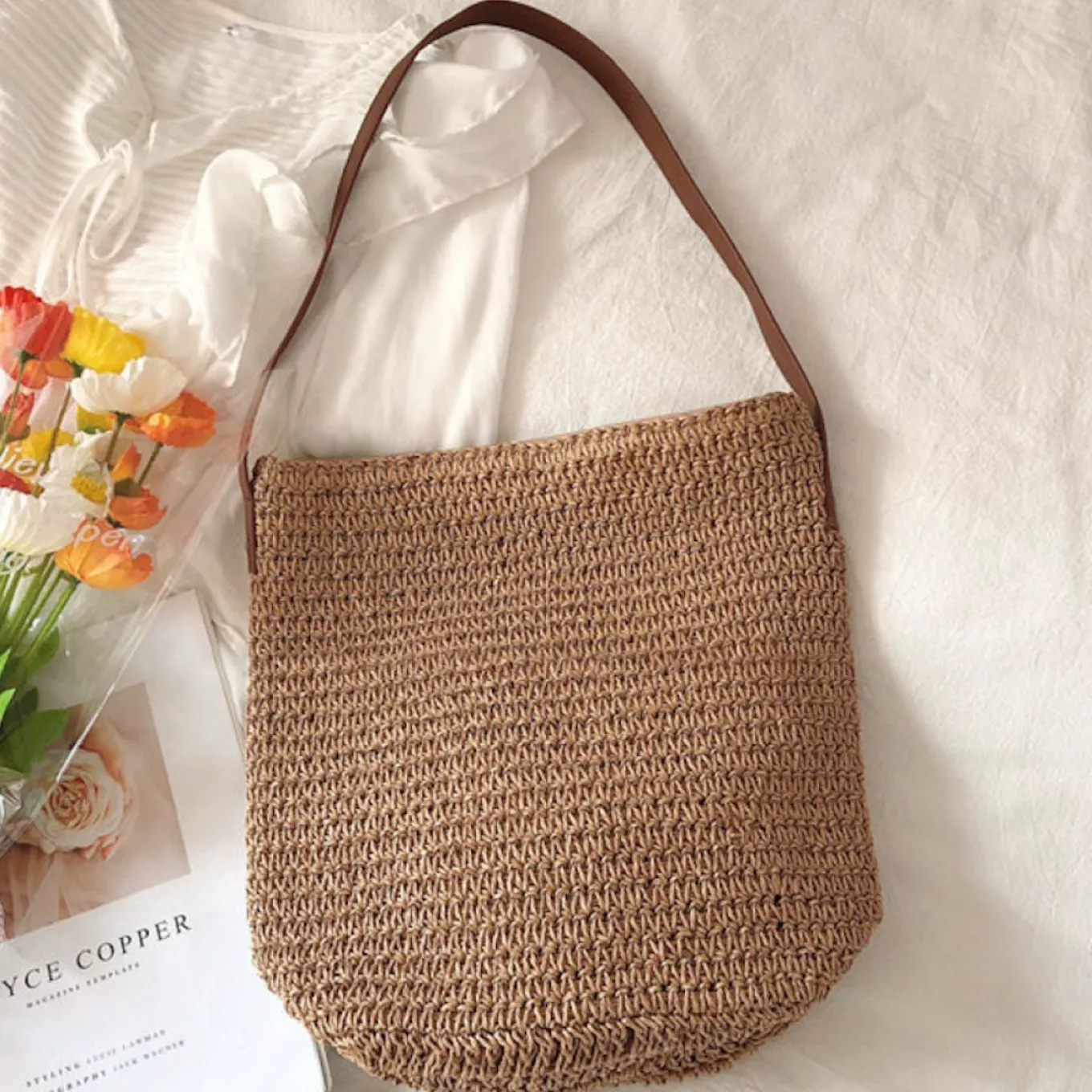 Elena Handbags Straw Woven Retro Shoulder Bag