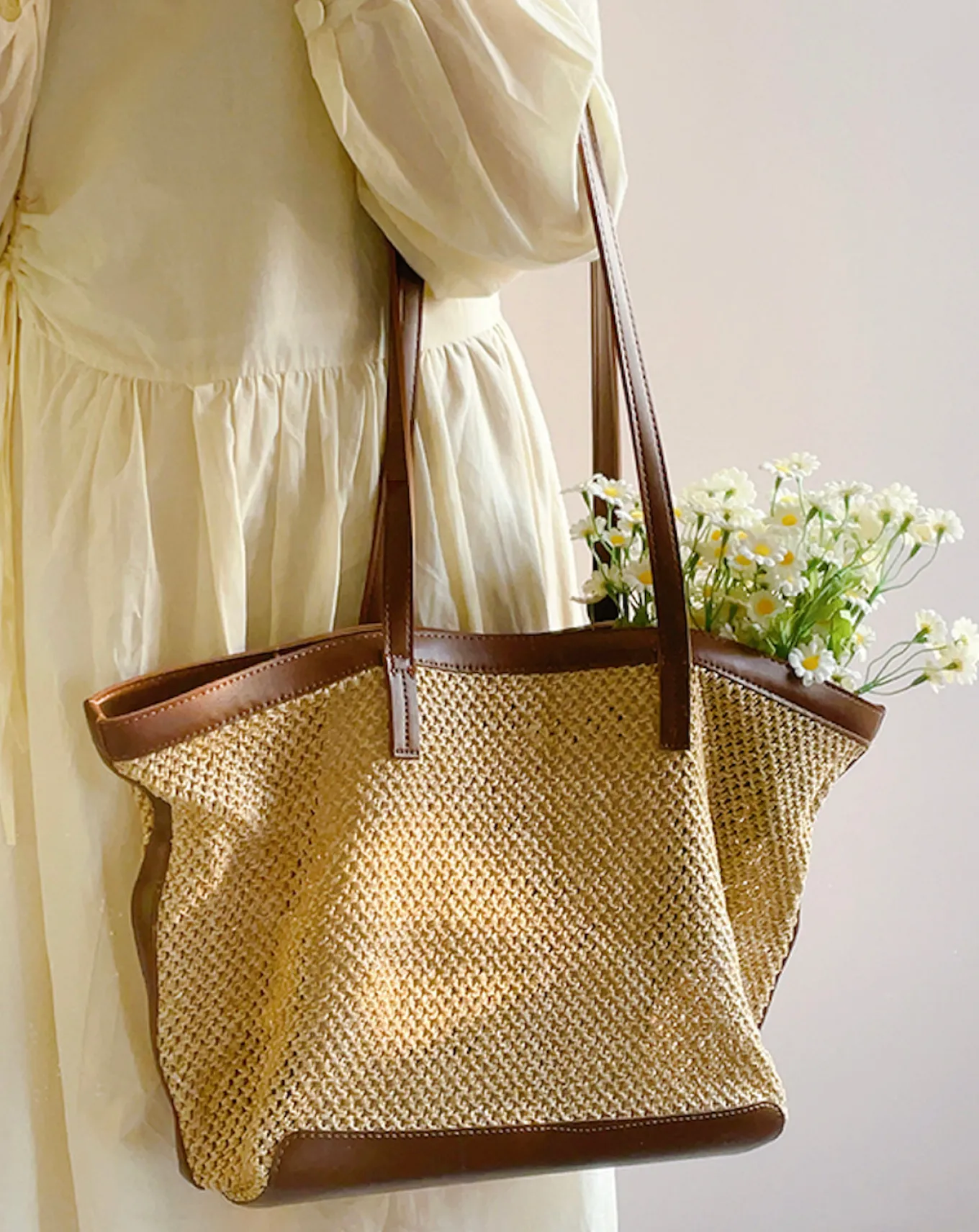 Elena Handbags Straw Woven Tote Bag with Leather Trims