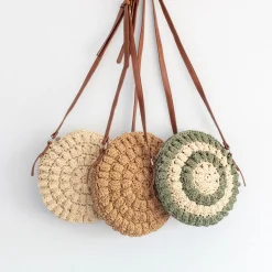 Elena Handbags Straw Woven Round Tote with Leather Strap
