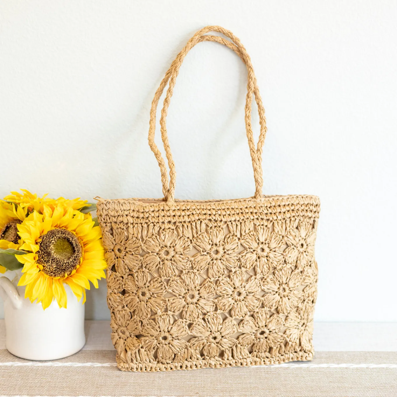 Elena Handbags Straw Woven Tote with Floral Design