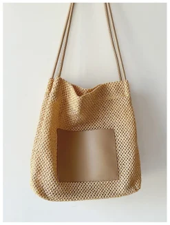 Elena Handbags Straw Woven Shoulder Bag with Leather Accent
