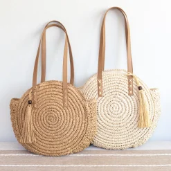 Elena Handbags Straw Woven Round Tote with Leather Strap and Tassel