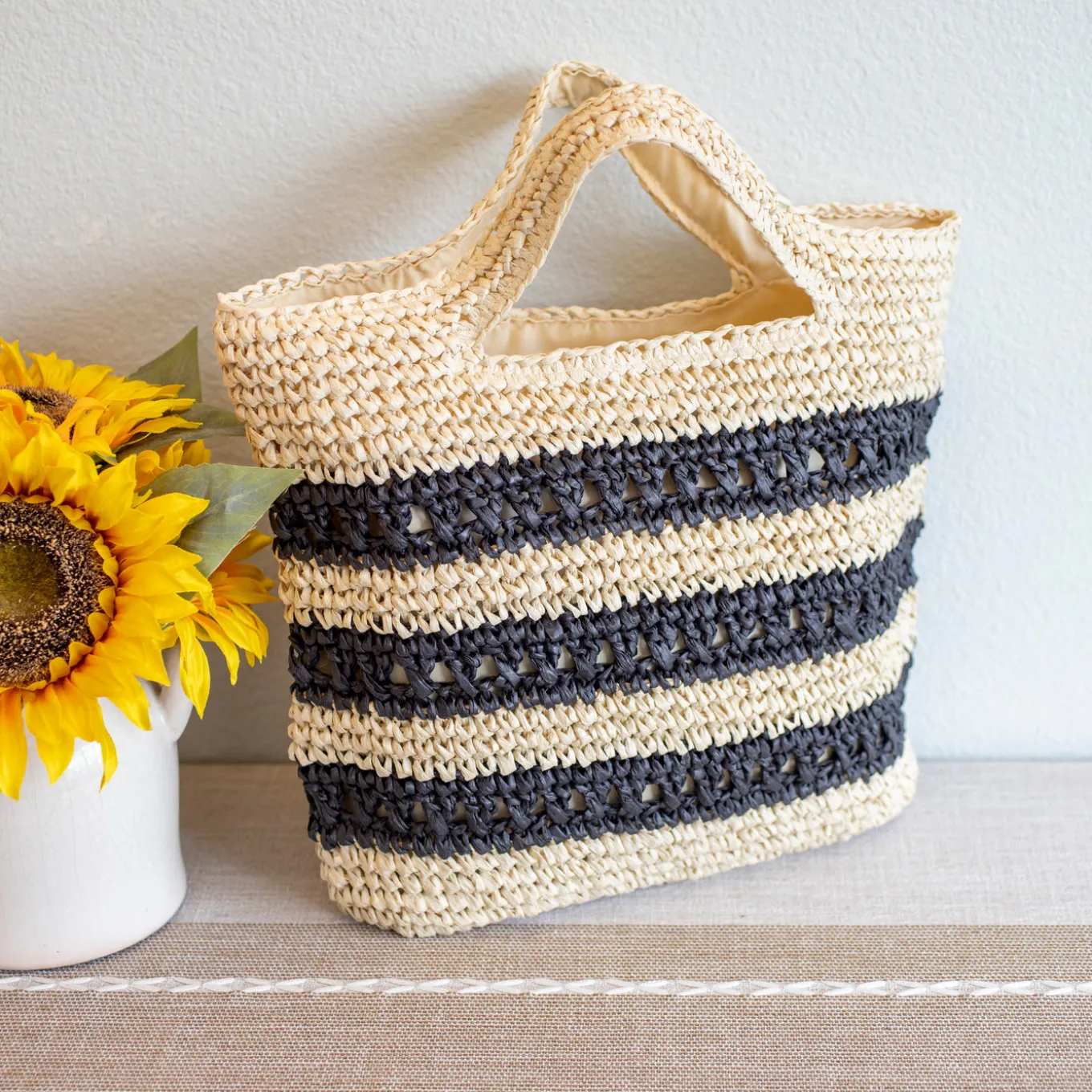 Elena Handbags Straw Woven Striped Summer Tote