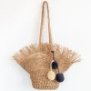 Elena Handbags Straw Woven Hat Shape Tote with Pom Pom