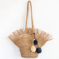 Elena Handbags Straw Woven Hat Shape Tote with Pom Pom