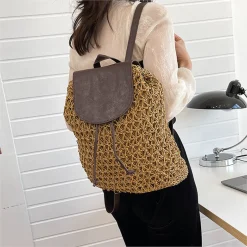 Elena Handbags Straw Woven Backpack with Leather Strap and Flap