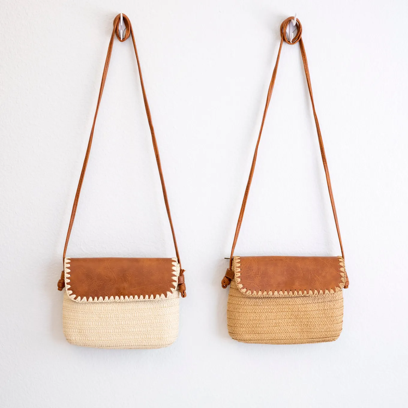 Elena Handbags Straw Woven Messenger Bag with Leather Flap