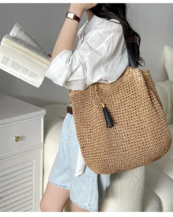 Elena Handbags Straw Woven Tote with Leather Straps and Tassel