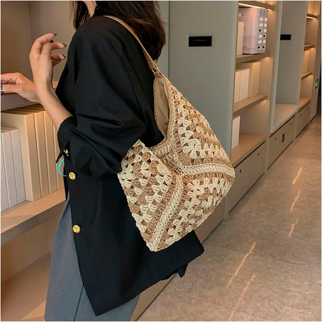 Elena Handbags Straw Woven Fashion Shoulder Bag