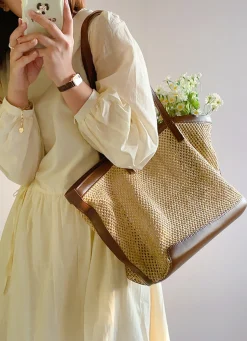 Elena Handbags Straw Woven Tote Bag with Leather Trims
