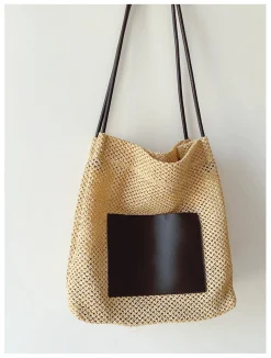 Elena Handbags Straw Woven Shoulder Bag with Leather Accent