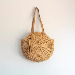 Elena Handbags Straw Woven Round Tote with Leather Strap and Tassel