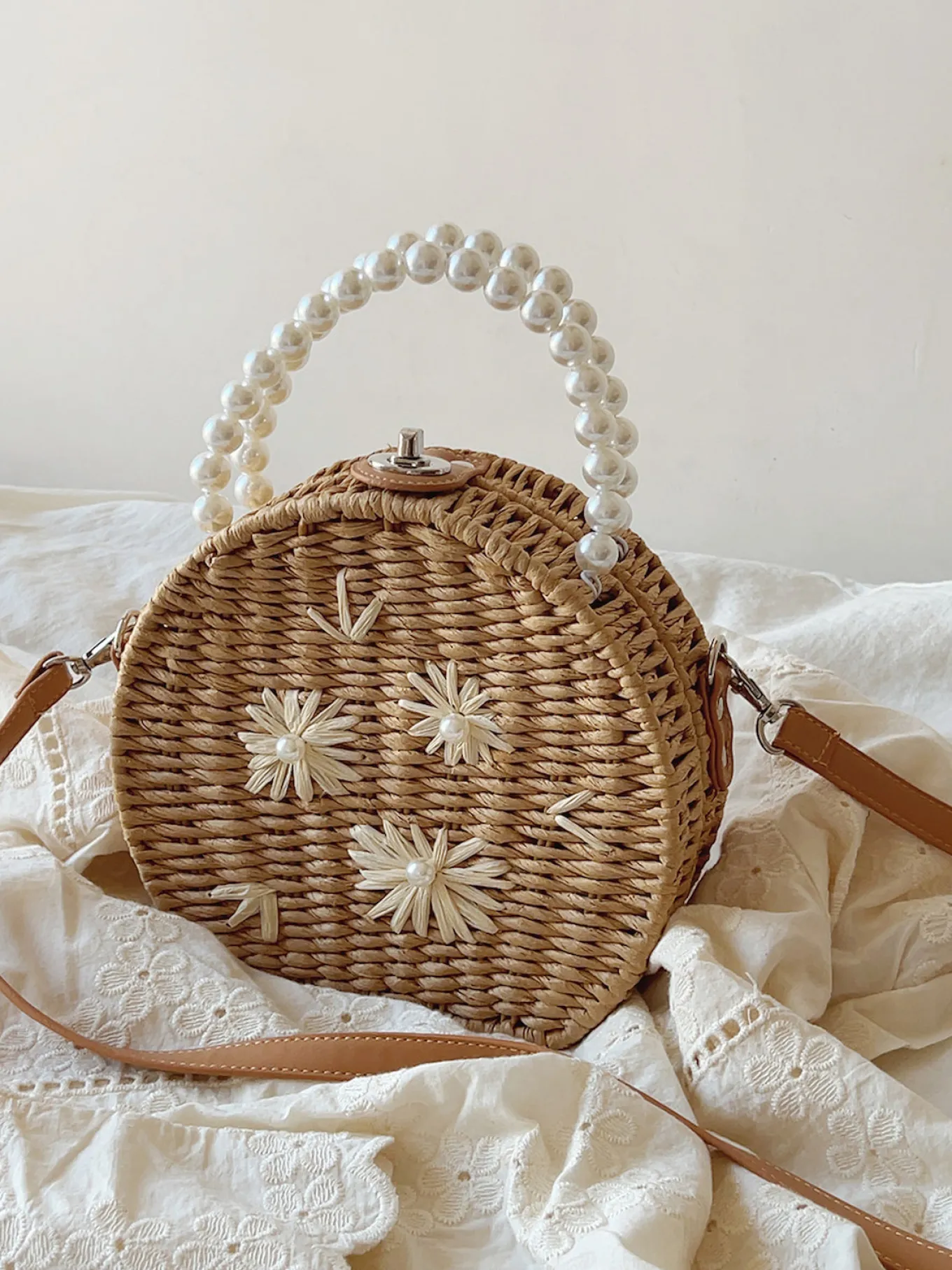 Elena Handbags Straw Woven Round Shoulder Purse