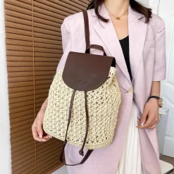 Elena Handbags Straw Woven Backpack with Leather Strap and Flap