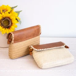 Elena Handbags Straw Woven Messenger Bag with Leather Flap