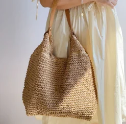Elena Handbags Straw Woven Tote with Leather Straps
