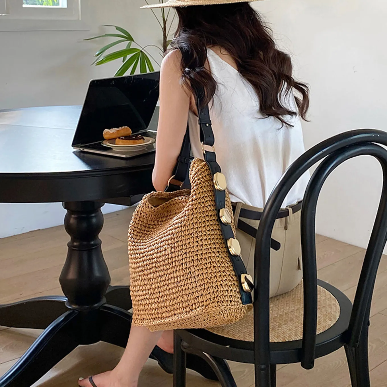 Elena Handbags Straw Woven Tote with Leather Straps