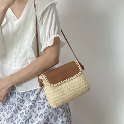 Elena Handbags Straw Woven Messenger Bag with Leather Flap