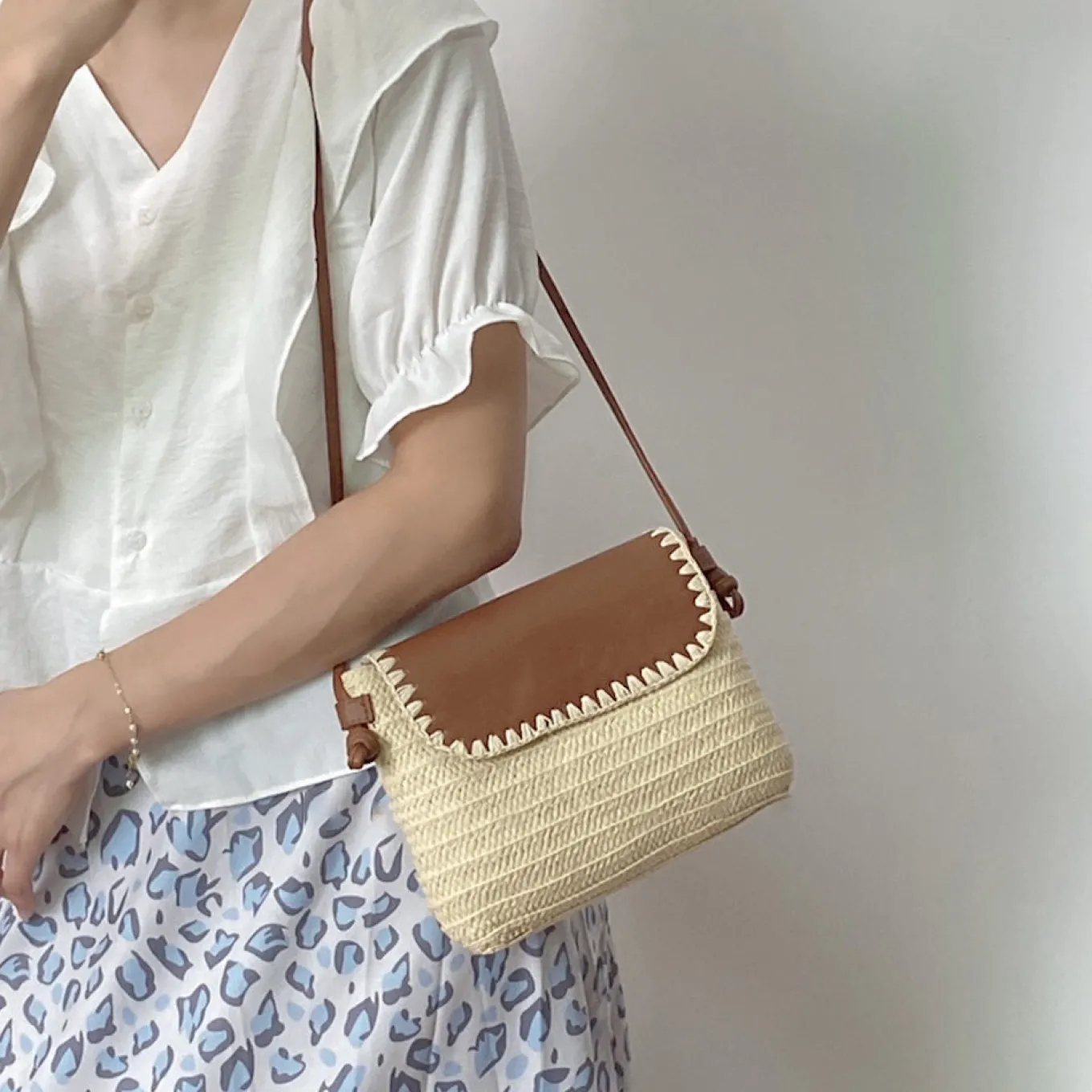 Elena Handbags Straw Woven Messenger Bag with Leather Flap