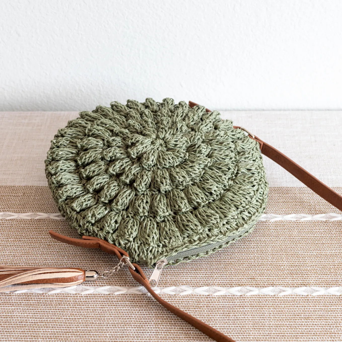 Elena Handbags Straw Woven Round Tote with Leather Strap