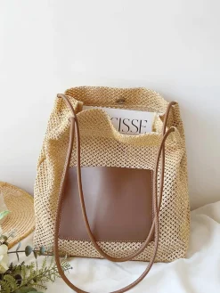 Elena Handbags Straw Woven Shoulder Bag with Leather Accent