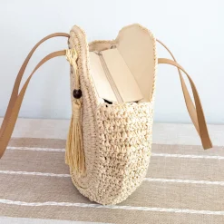 Elena Handbags Straw Woven Round Tote with Leather Strap and Tassel
