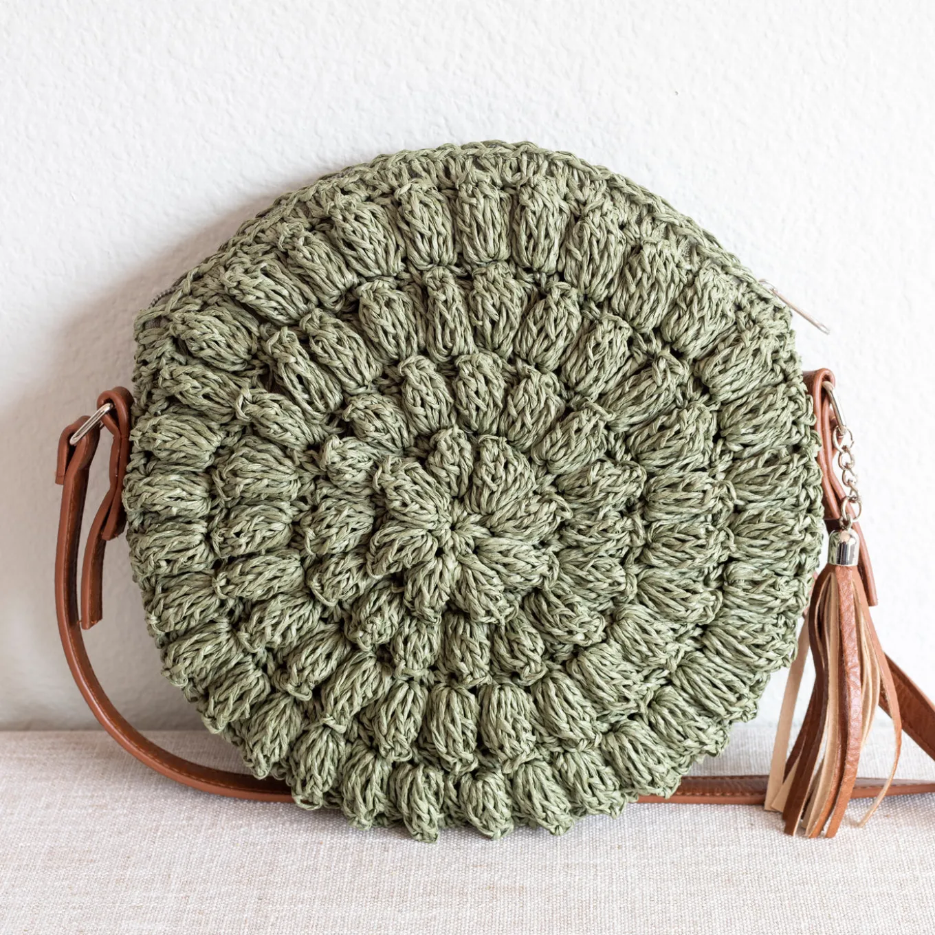Elena Handbags Straw Woven Round Tote with Leather Strap