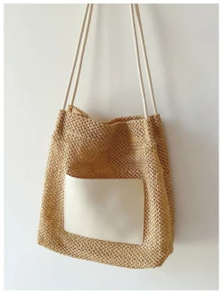 Elena Handbags Straw Woven Shoulder Bag with Leather Accent
