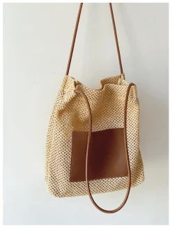 Elena Handbags Straw Woven Shoulder Bag with Leather Accent