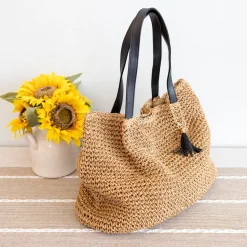Elena Handbags Straw Woven Tote with Leather Straps and Tassel