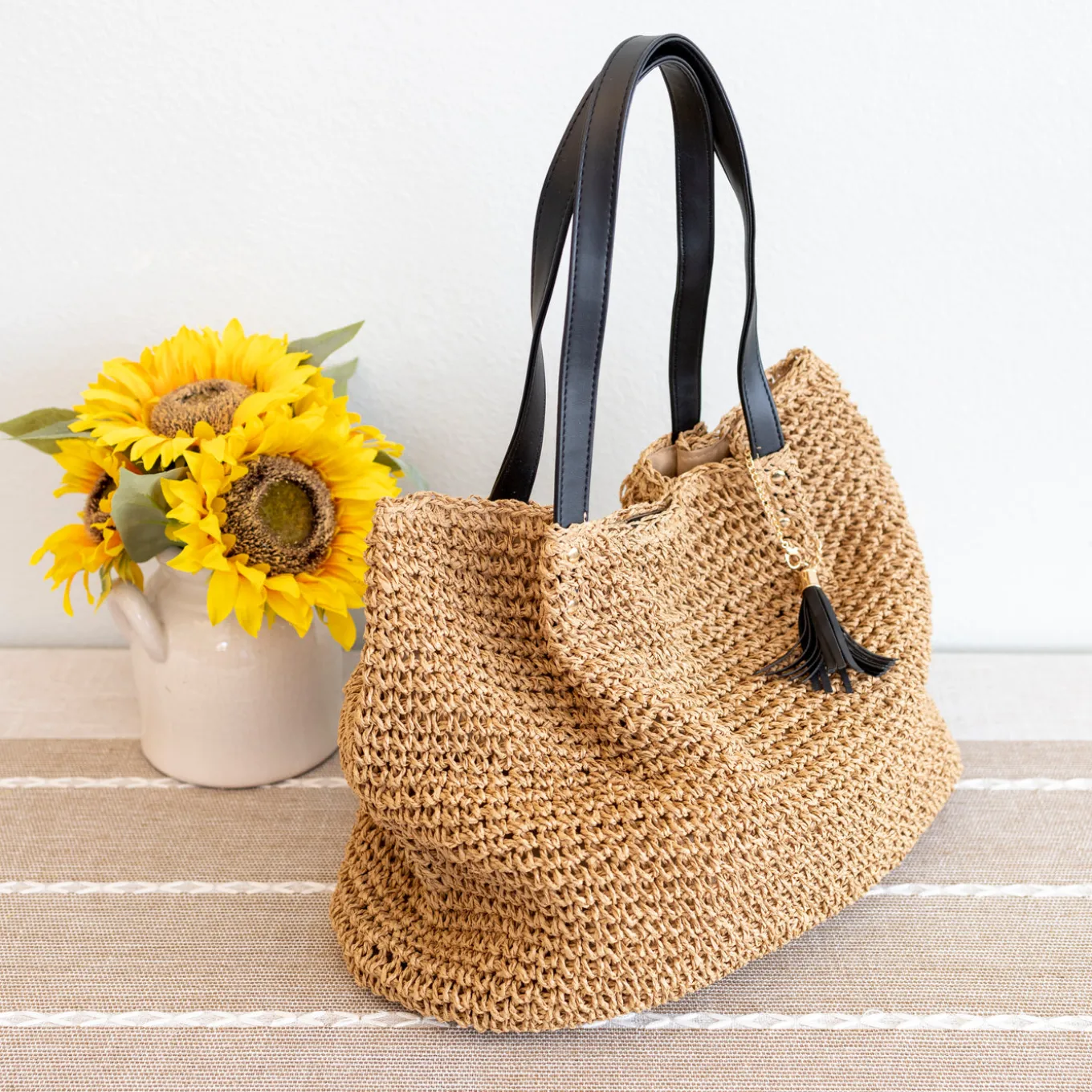 Elena Handbags Straw Woven Tote with Leather Straps and Tassel