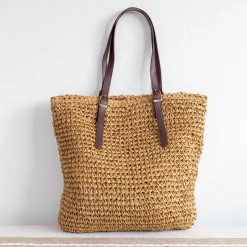 Elena Handbags Straw Woven Tote Bag with Leather Strap