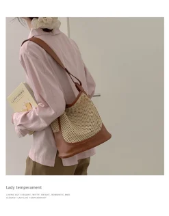 Elena Handbags Straw Woven Work Shoulder Bag with Leather Accent