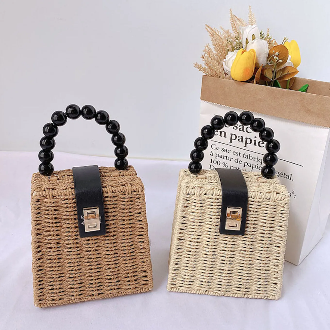 Elena Handbags Straw Woven Box Purse