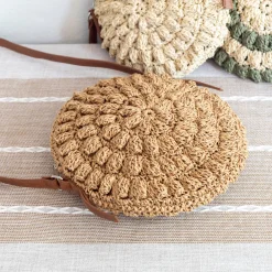 Elena Handbags Straw Woven Round Tote with Leather Strap