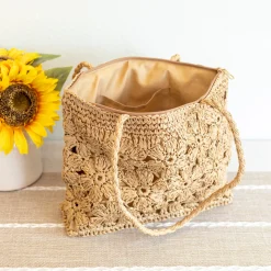 Elena Handbags Straw Woven Tote with Floral Design