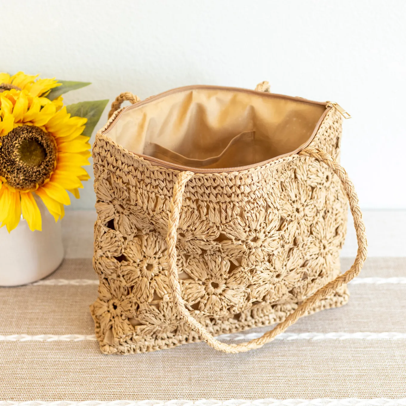 Elena Handbags Straw Woven Tote with Floral Design