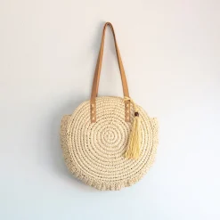 Elena Handbags Straw Woven Round Tote with Leather Strap and Tassel