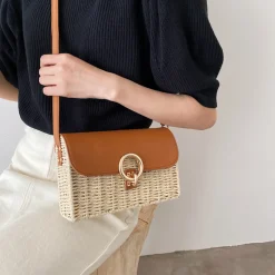 Elena Handbags Straw Woven Box Bag with Leather Flap