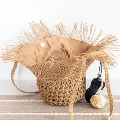 Elena Handbags Straw Woven Hat Shape Tote with Pom Pom