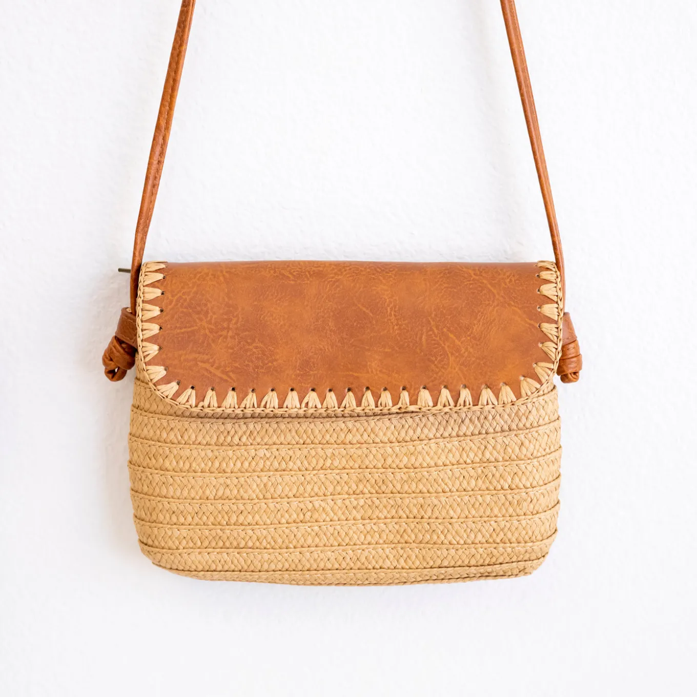 Elena Handbags Straw Woven Messenger Bag with Leather Flap