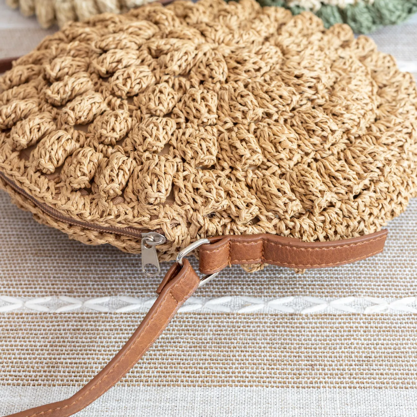 Elena Handbags Straw Woven Round Tote with Leather Strap
