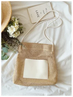 Elena Handbags Straw Woven Shoulder Bag with Leather Accent
