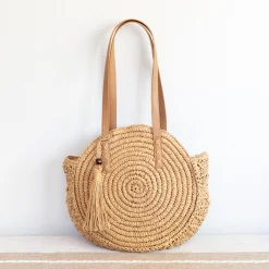 Elena Handbags Straw Woven Round Tote with Leather Strap and Tassel