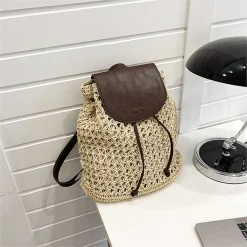 Elena Handbags Straw Woven Backpack with Leather Strap and Flap